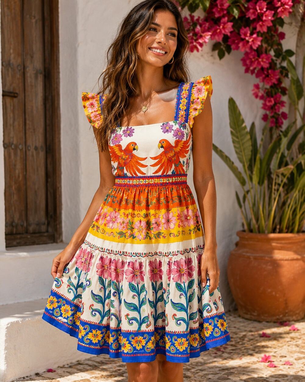 FARM Rio Parrot Print Beaded Ruffle Mini Dress XS Tropical Cotton Resort Luxury